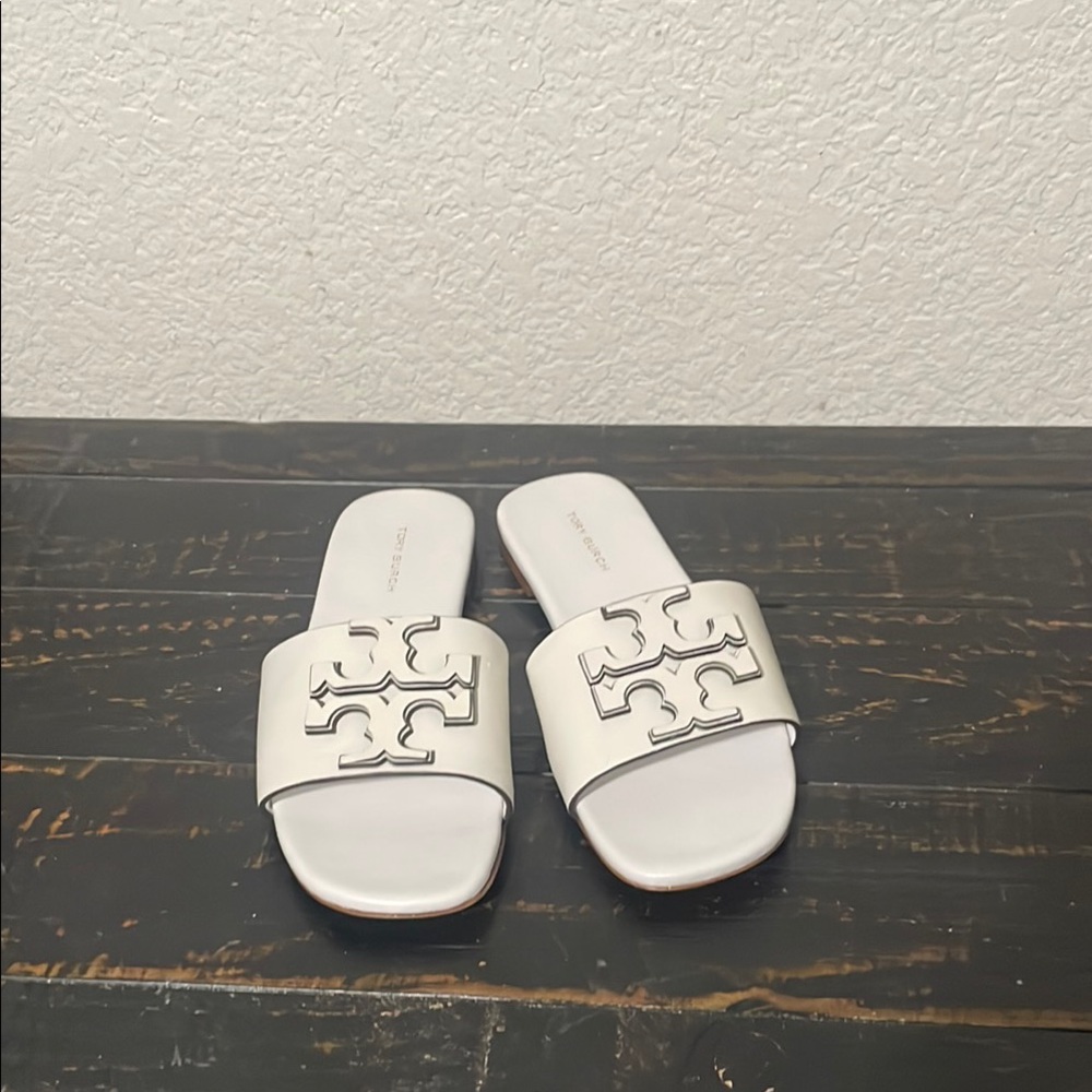 Tory Burch White Slide Sandals with Logo